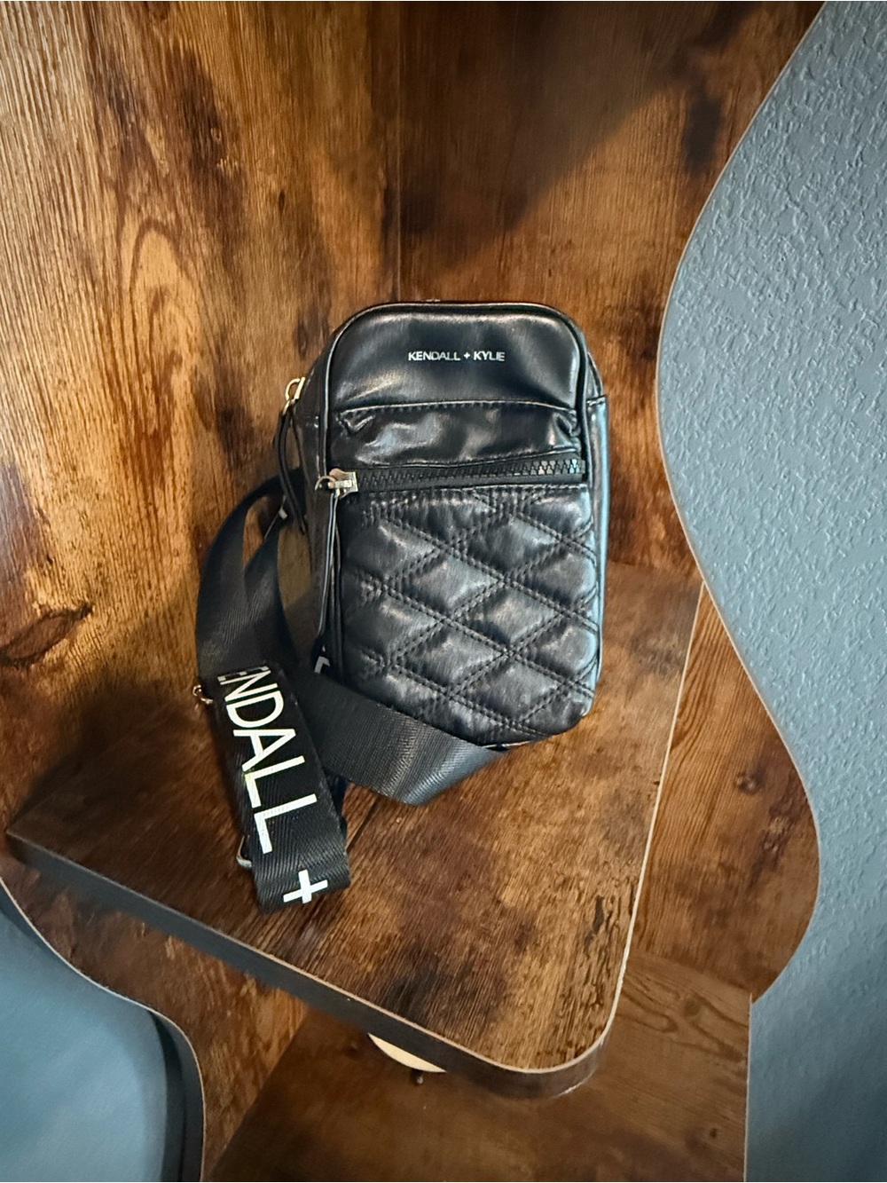 Kendall & Kylie Black Quilted Crossbody Belt Bag with Branded Strap